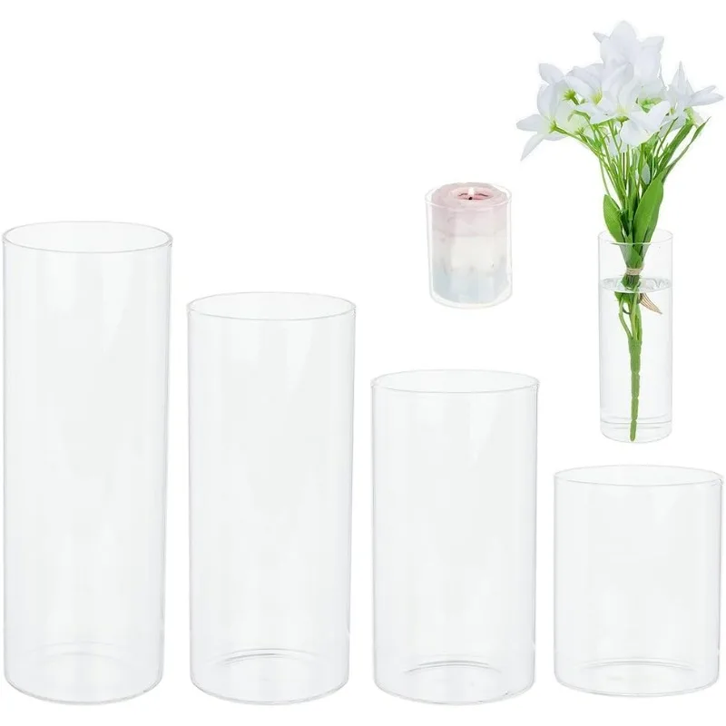 

4PCS Glass Cylinder Vase, 4 Styles Pillar Glass Vase Decorations, Clear Vase Tall Floating Candle Holder for Home Office Wedding