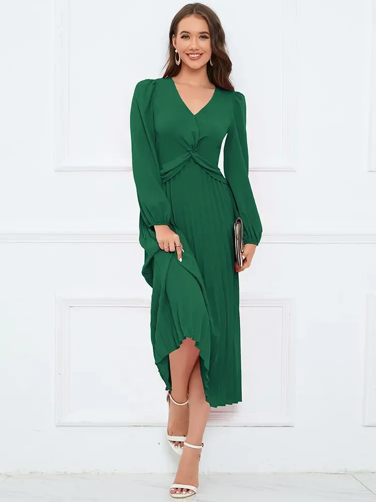 

2023 European and American Dress for Women Clothing New Long Sleeve V-neck Slim Pleated Dresses Solid Balloon Sleeve Long Skirt