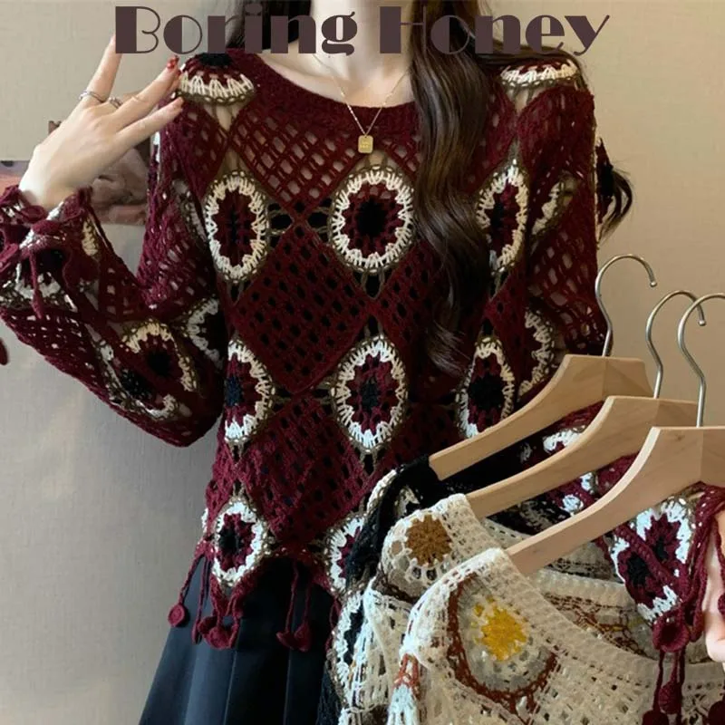 Boring Honey Design Sense Contrast Tassel Crochet Openwork Knitwear Women's Autumn New Fashion Loose Slimming Age-Reducing Top