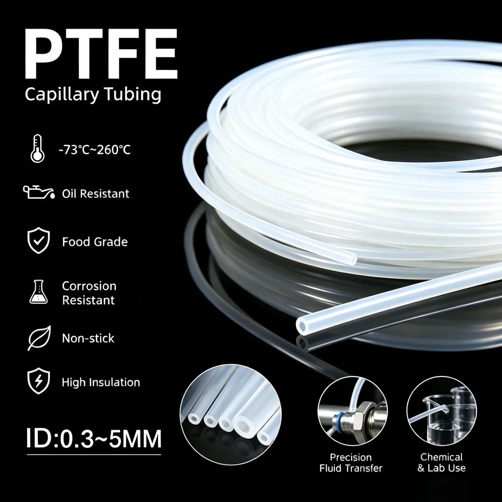 White PTFE Capillary Tube ID0.3-5mm Anti-Corrosion Acid Alkali Resistant High Low Temperature Non-Stick High Insulation Tubing