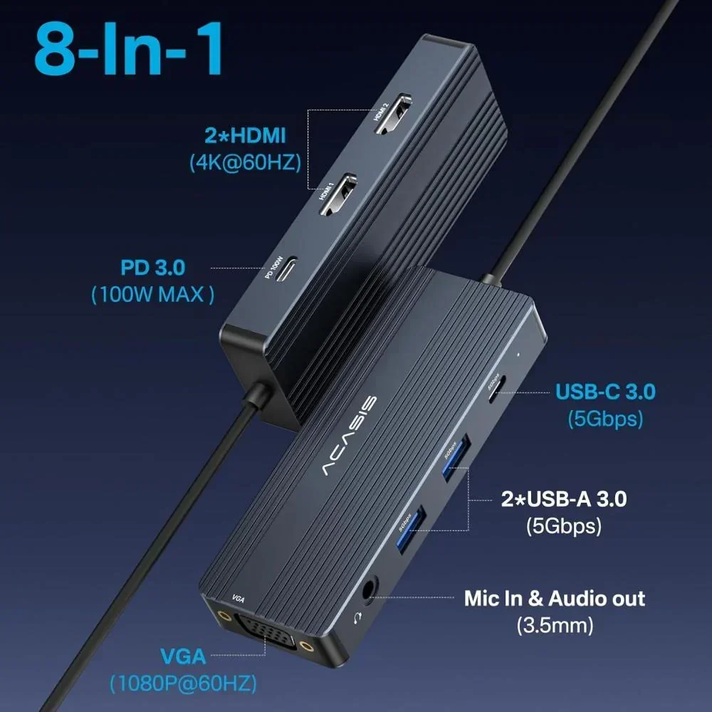 Acasis  USB-C Docking Station 8 Ports 5Gbps USB 3.0 4K 60HZ PD 100W Input 85W Output for Laptop