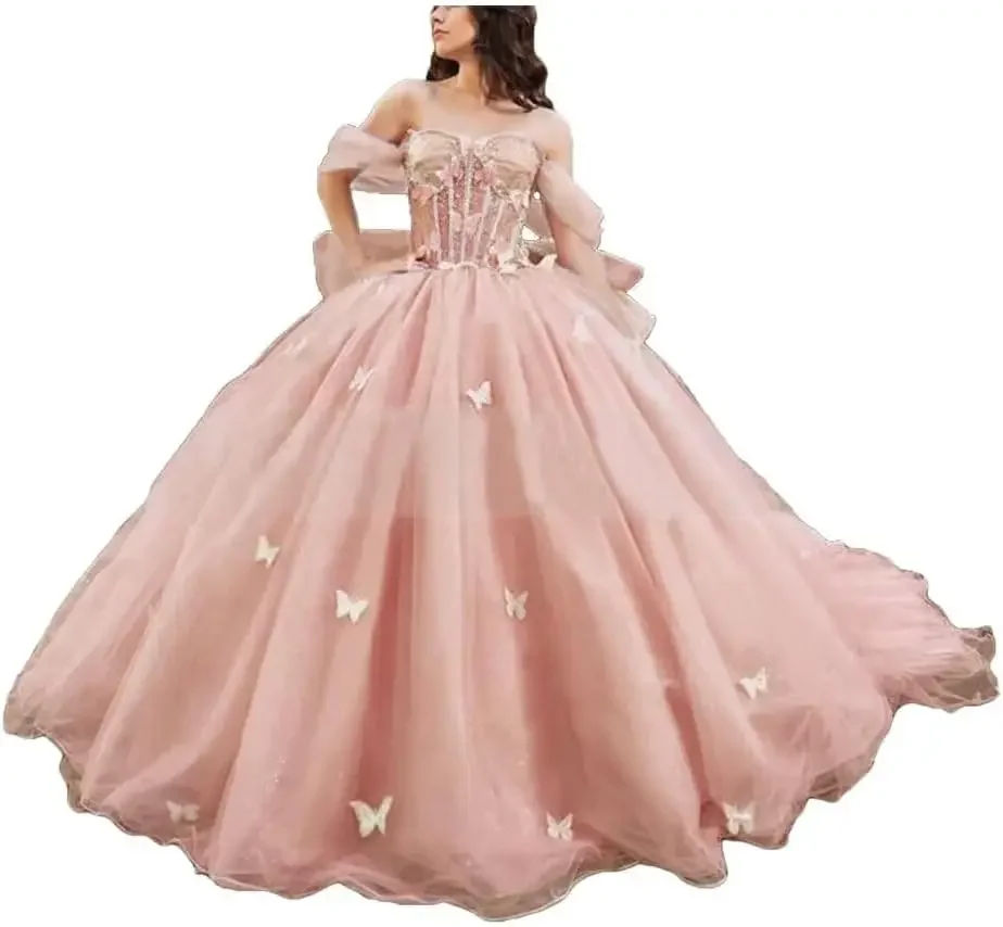 3D-Schmetterlings-Quinceanera-Kleid mit Schleife, Schleppe, Spaghettiträger, süße 15-16-Ballkleider, glitzerndes Vestido de 15 Años