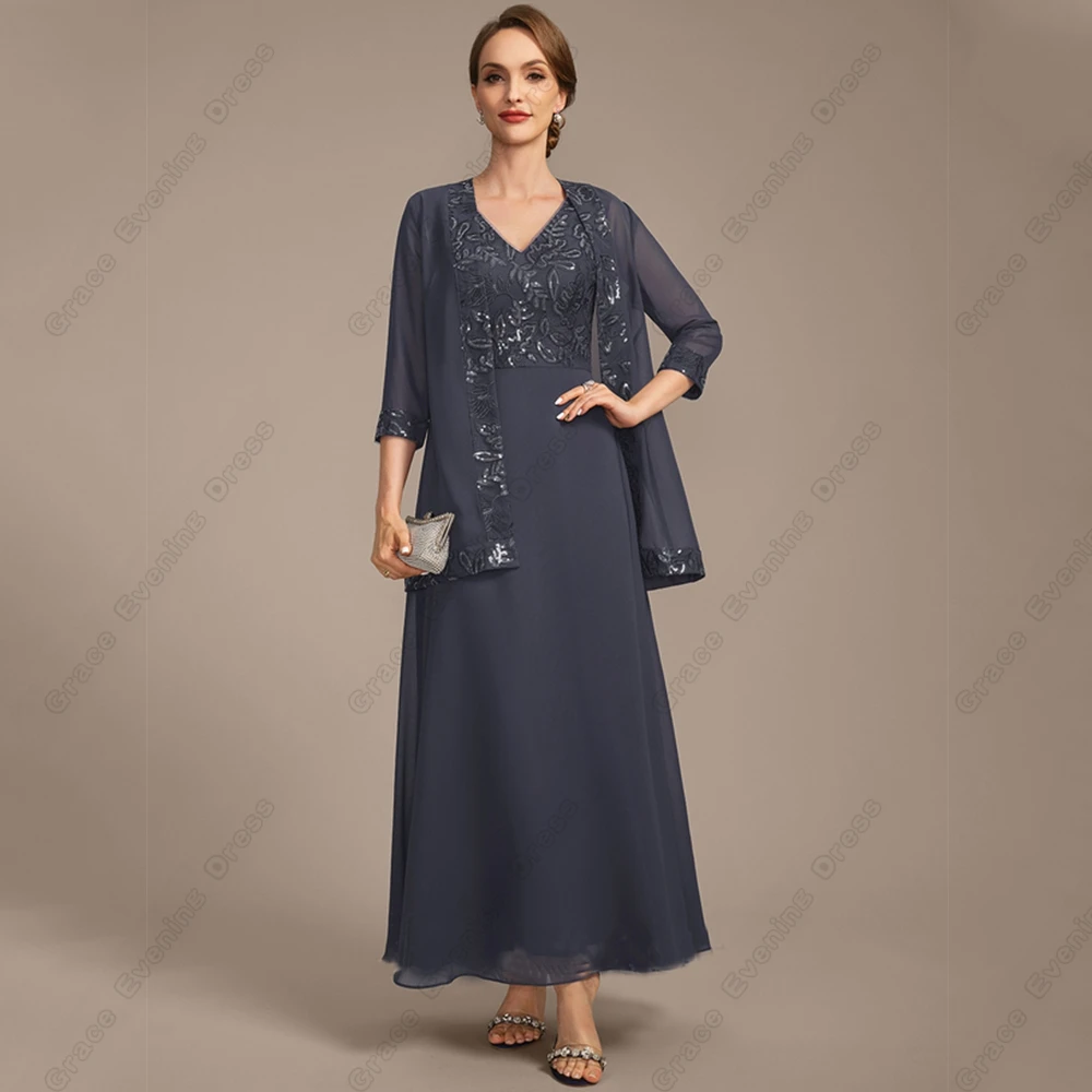 Navy Blue Mother of Bride Dresses for Women 2024 Three Quarter Wedding Party Dresses with Lace Summer New Chiffon Vestido De