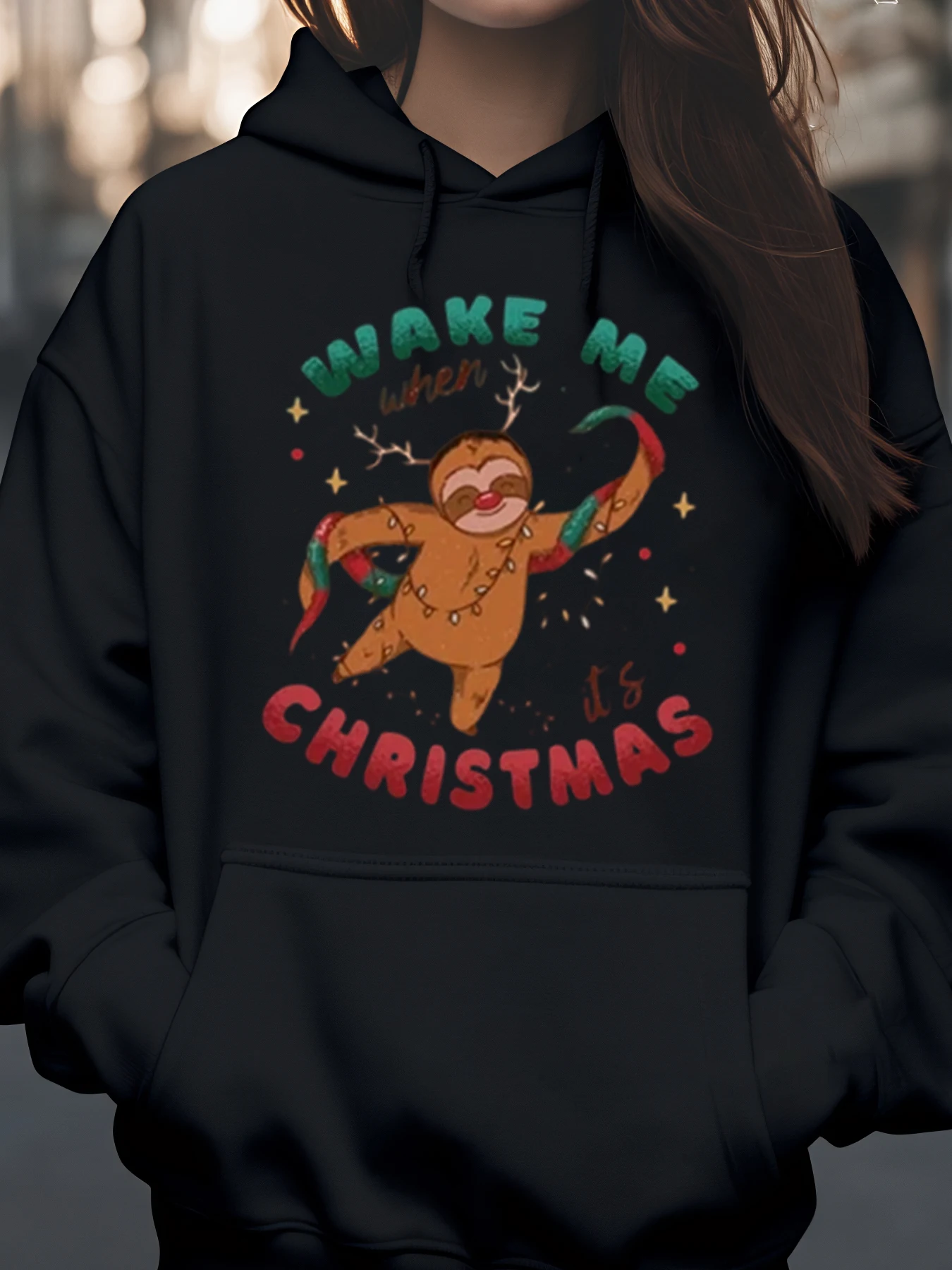 

Sloth Christmas Lights Print Hoodie Holiday Casual Wear Women