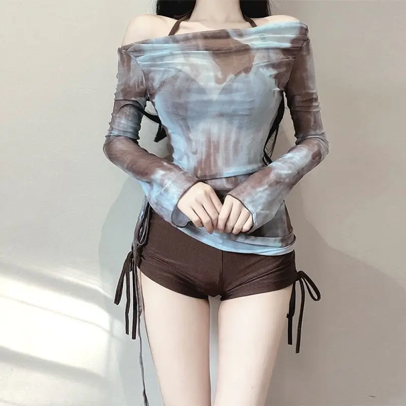 2024 New Korean Summer Sexy Women\'s Bikini Sets Push-up Gauze Tie-dye Padded Bra Swimsuit Two Pieces Swimwear Beachwear Costume