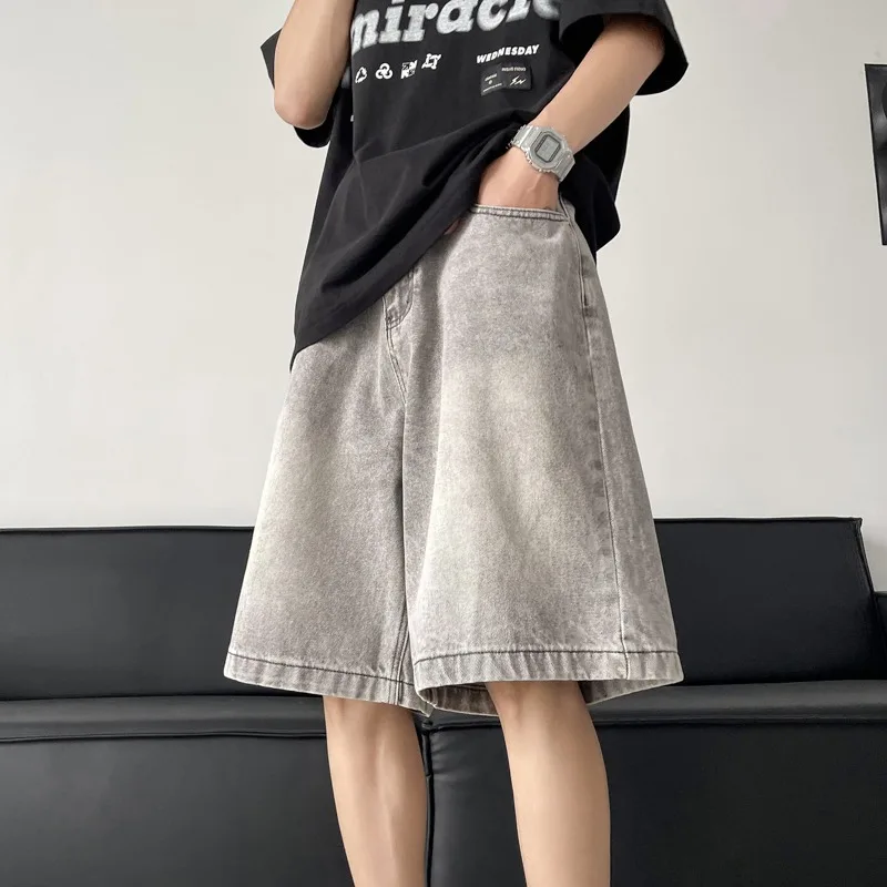 

Youth Summer Thin Fashionable Loose Men's Denim Shorts Five-Quarter Length Casual Wear Durable Straight Cut Mid-Waist Design