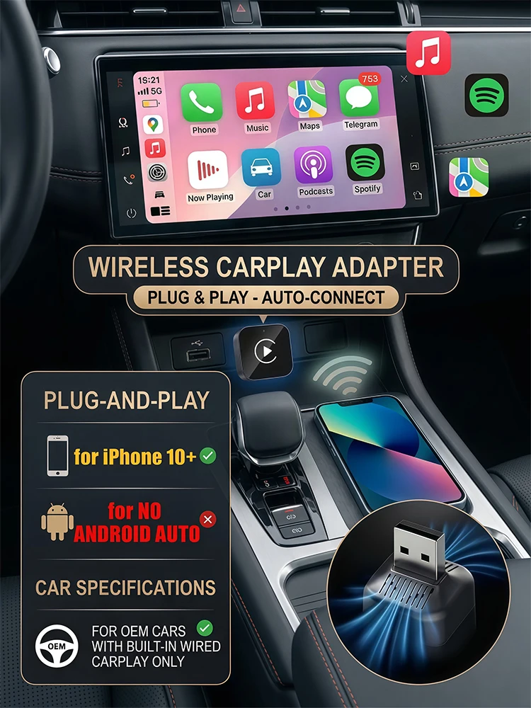 Vyvylabs Verbesserter 2-in-1 CarPlay Wireless Adapter Plug-and-Play Auto-Adapter mit USB/USB-C Anschluss Auto-Zubehör für iPhone 10 und Höher