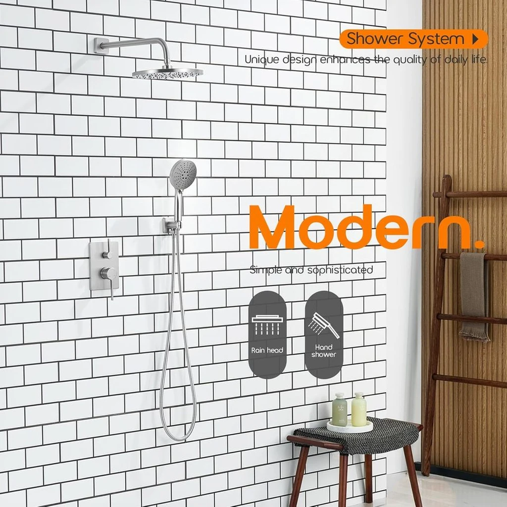 Wall Mounted Single Brass Rain Shower Head 3-Setting Handheld Spray Brushed Nickel Ceramic Valve Pressure Balance Shower Faucet