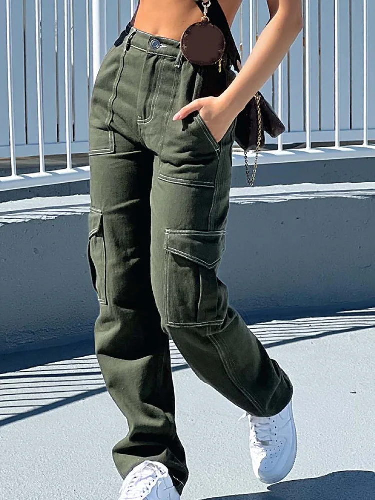 

New Simple Spring Autumn Women Loungwear Cargo Pants Solid Button Pocket Fashion Elegant Ladies Trousers Streetwear Dropshipping