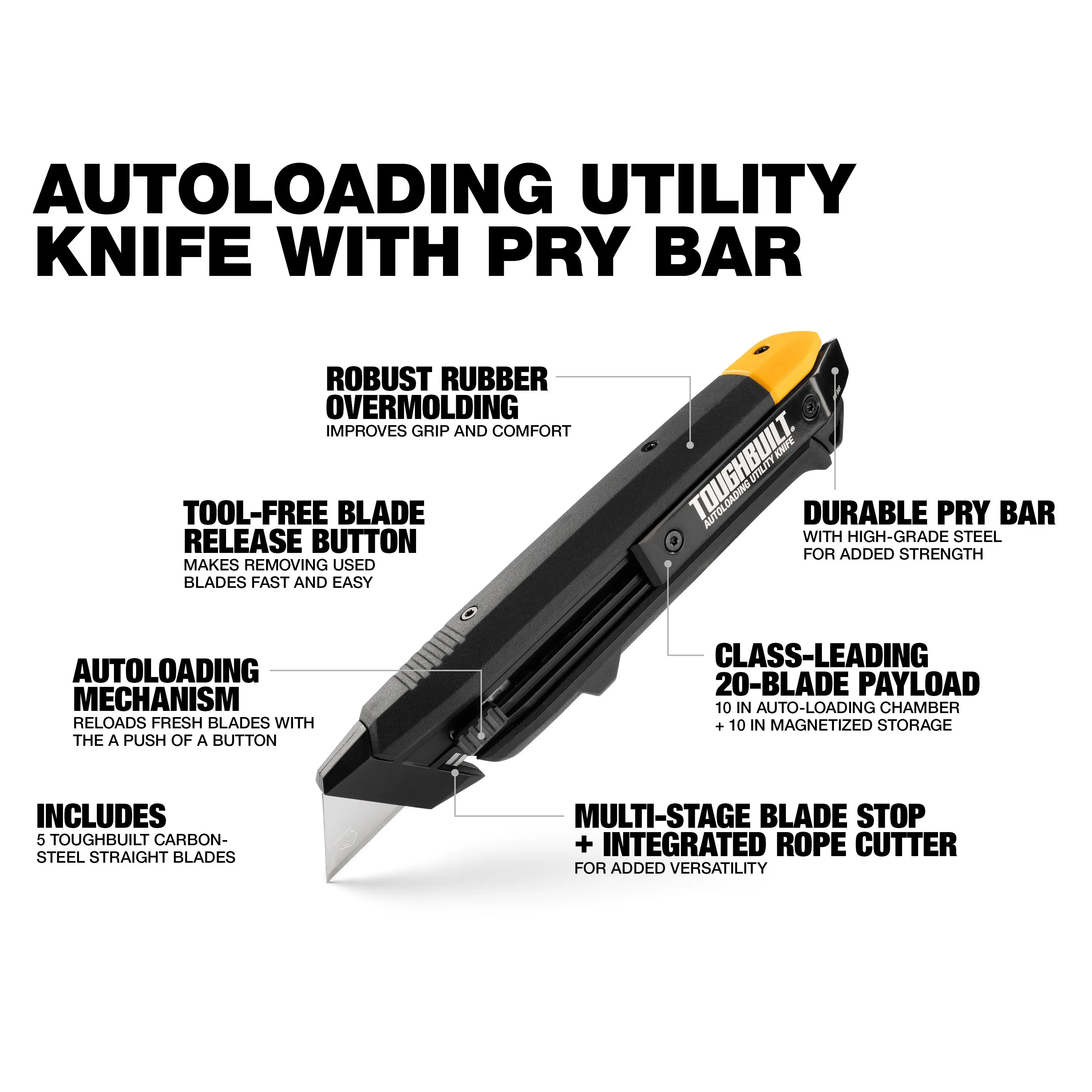 TOUGHBUILT TB-H4-10-A Auto-Loading Utility Knife with Pry Bar Heavy Duty Ergonomic Hand Tool