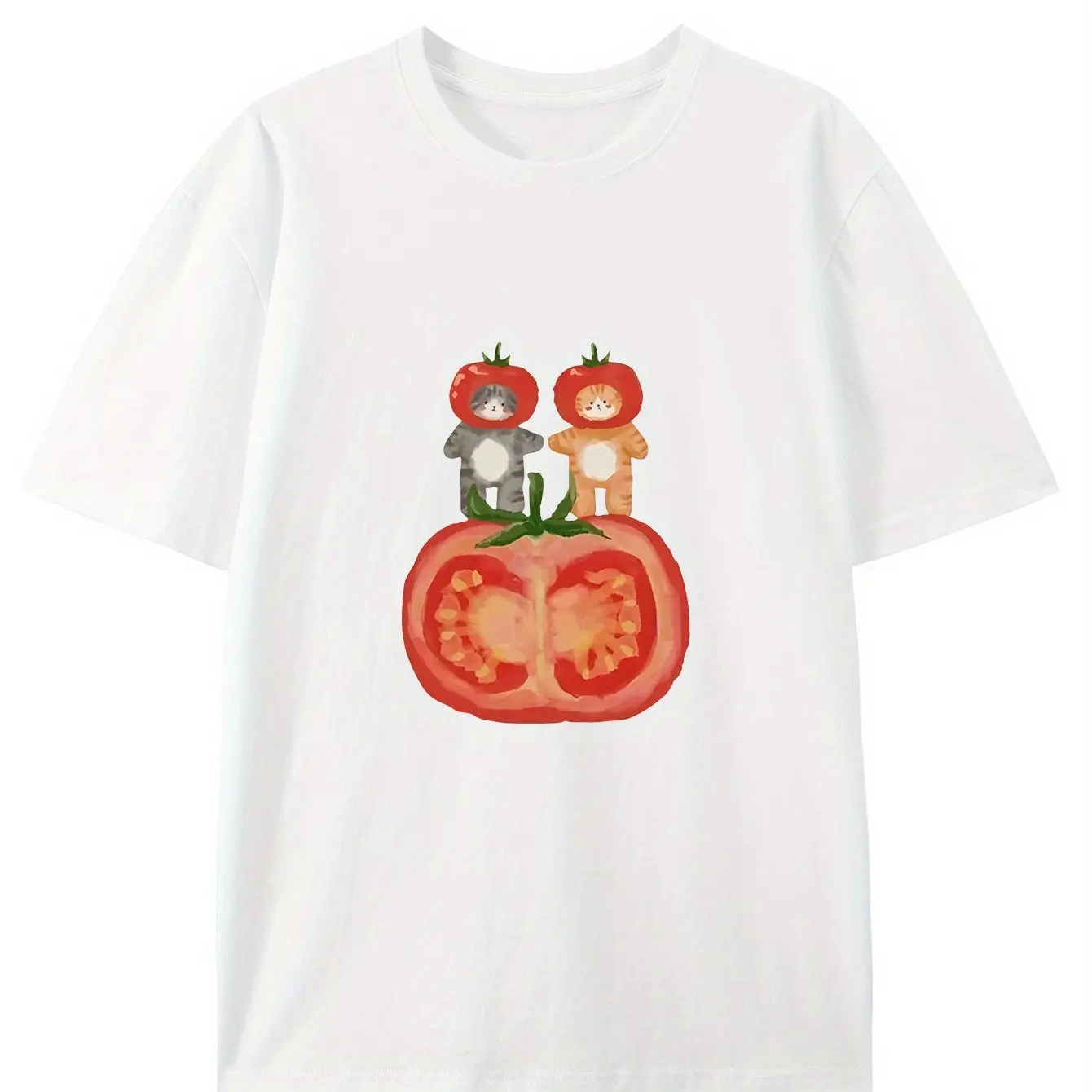 

Summer Women's Whimsical Bear & Tomato Cartoon Graphic Printed T-shirt Cotton Casual Short Sleeve Tee Round Neck Couple Top