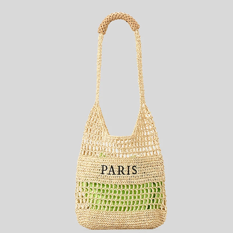 Casual Hollow Straw Women Shoulder Bags Letters Paper Woven Crossbody Bag Handmade Small Tote Female Bali Shopper Purses 2024