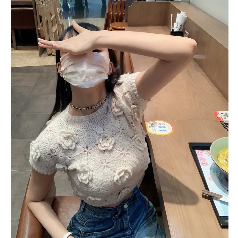 

Женский вязаный свитер Madman M с 3D цветочным узором, ажурный, повседневный, приталенный, летний, модный, ручной вязки