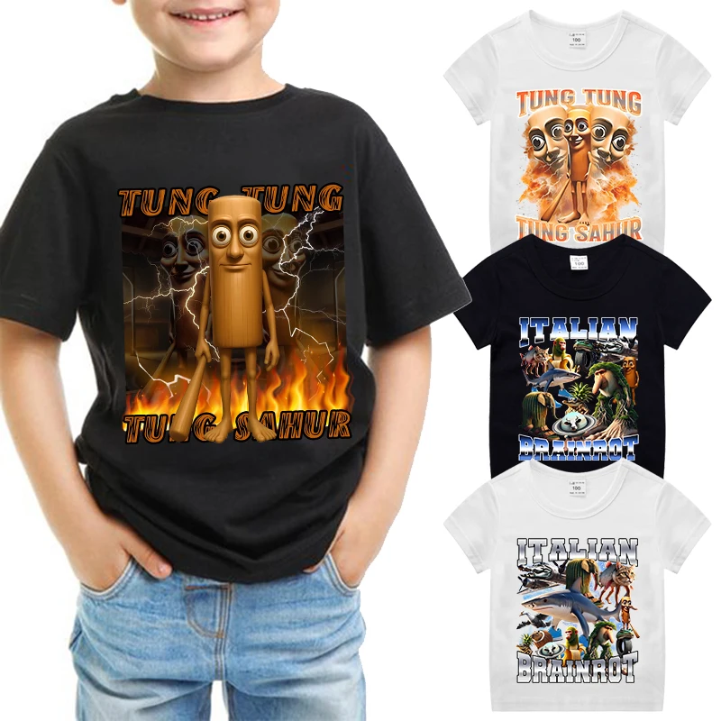 

Детская хлопковая футболка с итальянскими мозгами и животными, Tung Tung Sahur, топы с короткими рукавами для детей, забавная милая футболка с мемами, летняя одежда