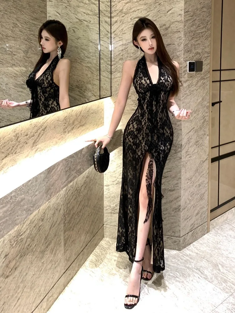 

Сексуальное кружевное платье с глубоким V-образным вырезом, модное, элегантное, чувственное, с завышенной талией, облегающее, средней длины, из полиэфирного волокна
