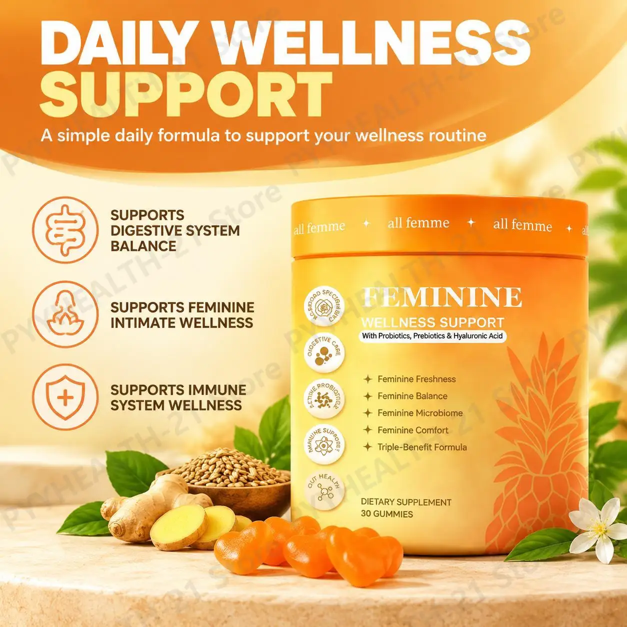 Feminine Probiotics Gummies PH Hormonal Balance Menopause Support Weight Management Vegan Gluten Free Hyaluronic Acid 30pcs