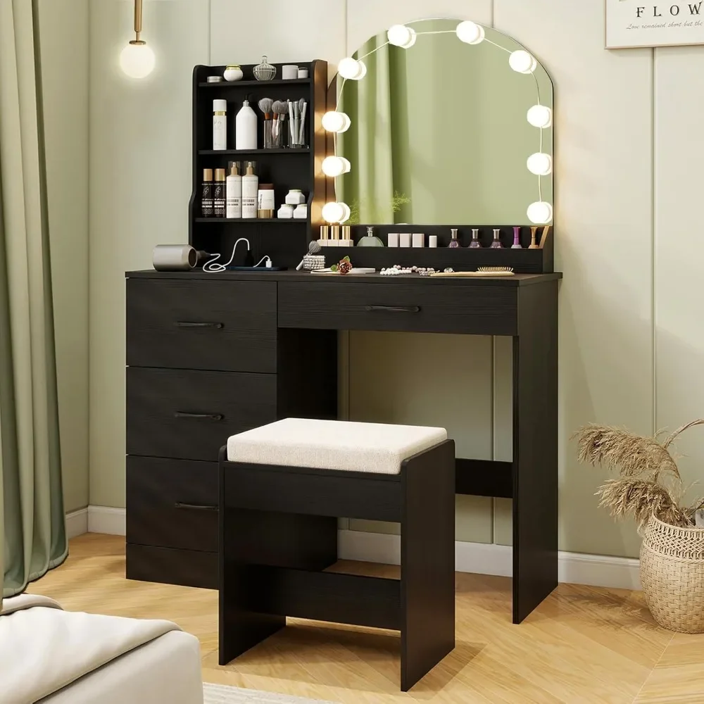 

Vanity Desk with Mirror and Lights, Black Makeup Vanity Desk with 4 Drawers, Storage Shelves, Charging Station, 3 Light