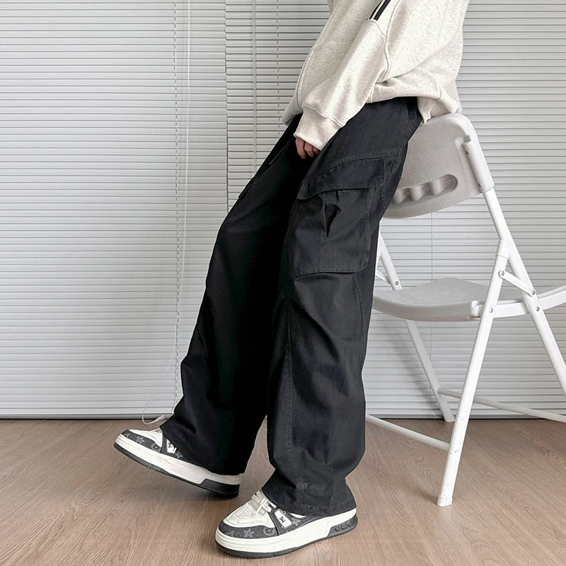 Autumn Winter Men Cargo Pants Cotton Straight Pleated Black Beige Long Trousers Oversized  Wide Leg Hip-hop Casual Pants