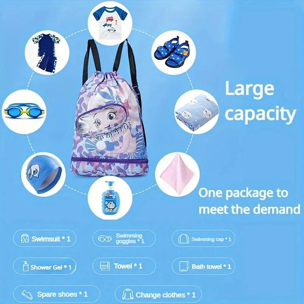 Bolsa de natación para niños Bolsa de almacenaje impermeable Bolsa de playa Mochila con boca de viga Separación en seco Mojado Bolsa de lavado