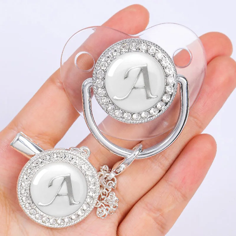 Baby personalisierte Schnuller Clip Neugeborenen Luxus Schnuller Halter Brief Silber Bling Säugling transparent Silikon Beißring BPA frei