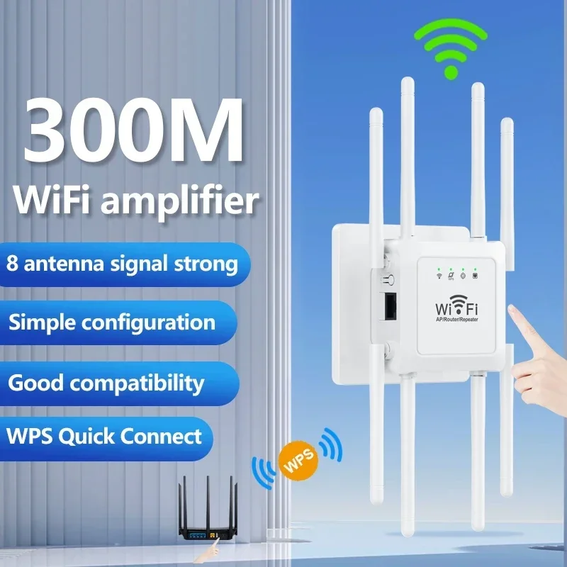 

300Mbps WiFi Repeater 2.4Ghz Router Wireless Booster Amplifier Network Extender 8 Antennas Wireless Router Network Home Office