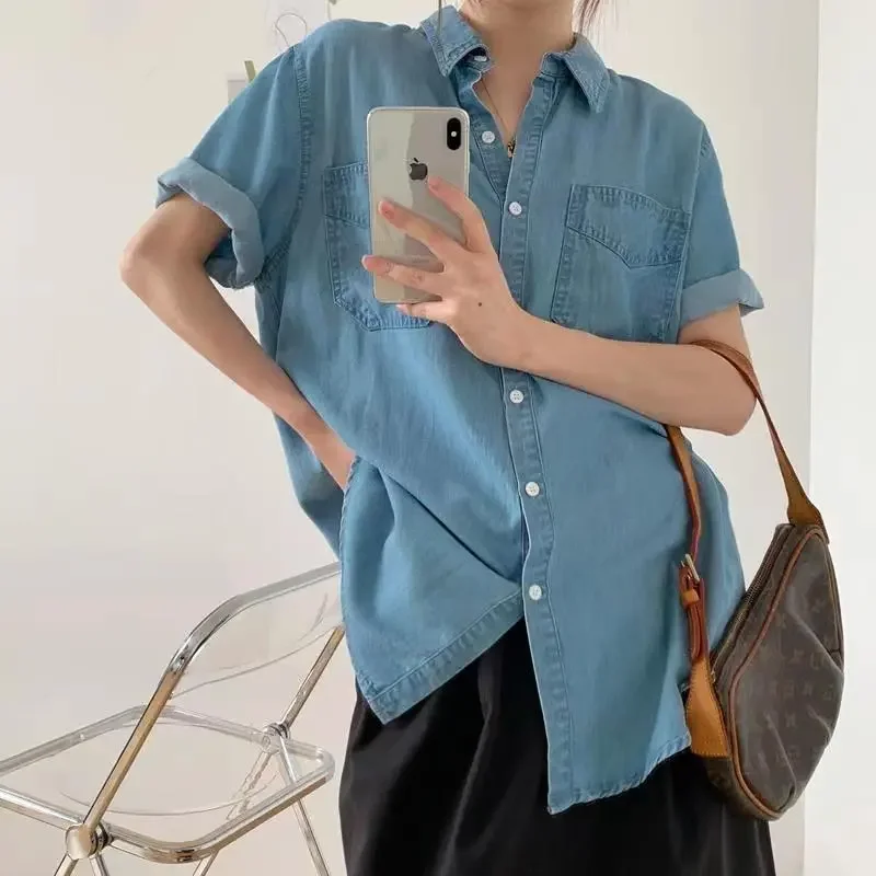 

Denim Shirt Women's New Spring Summer Layered Korean Style Loose Retro All-match Casual Short-sleeved Top