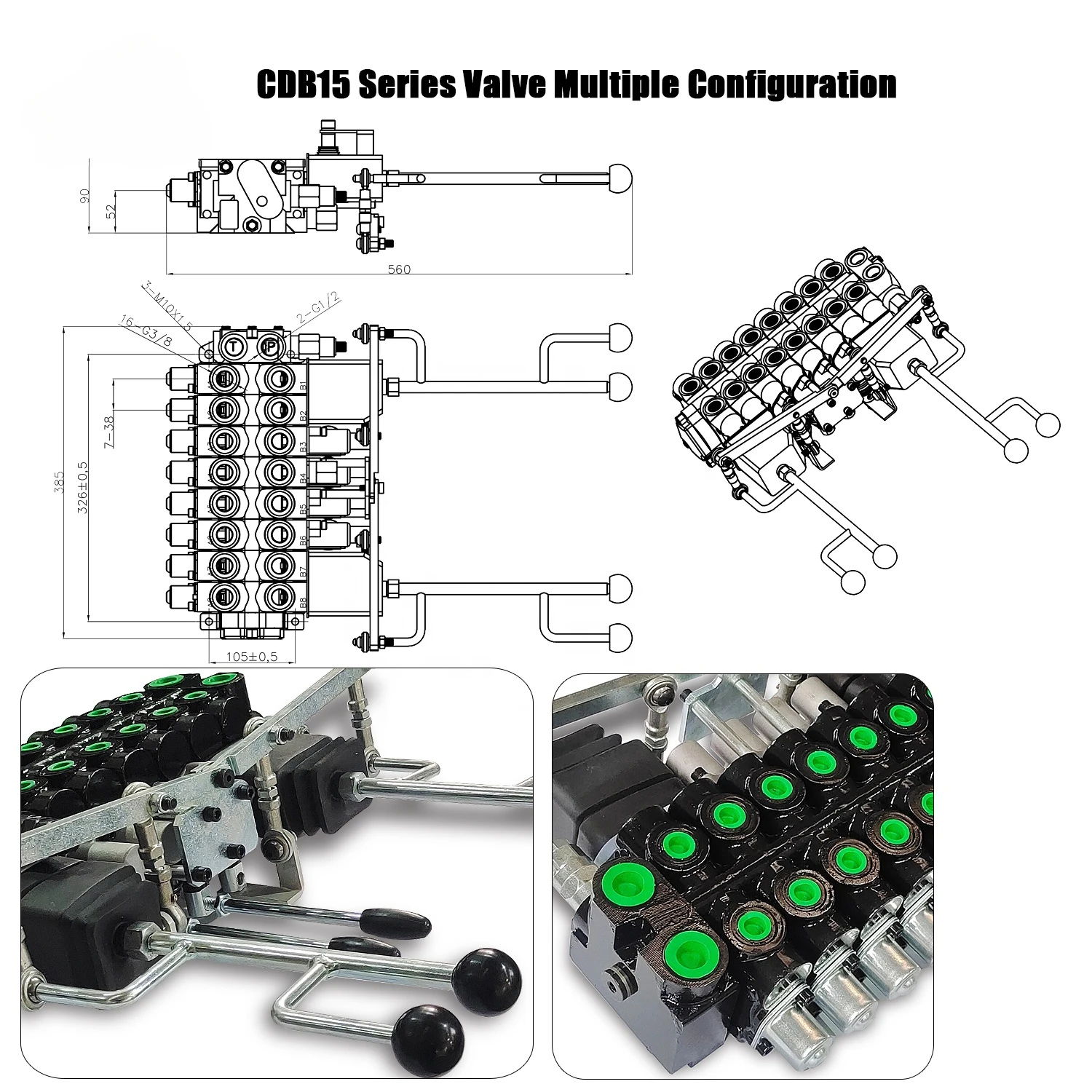 Hy-waloil CDB15 Series Hand Control Multiway 8 Spools 2-lever 3 coord splitter hydraulic control valve