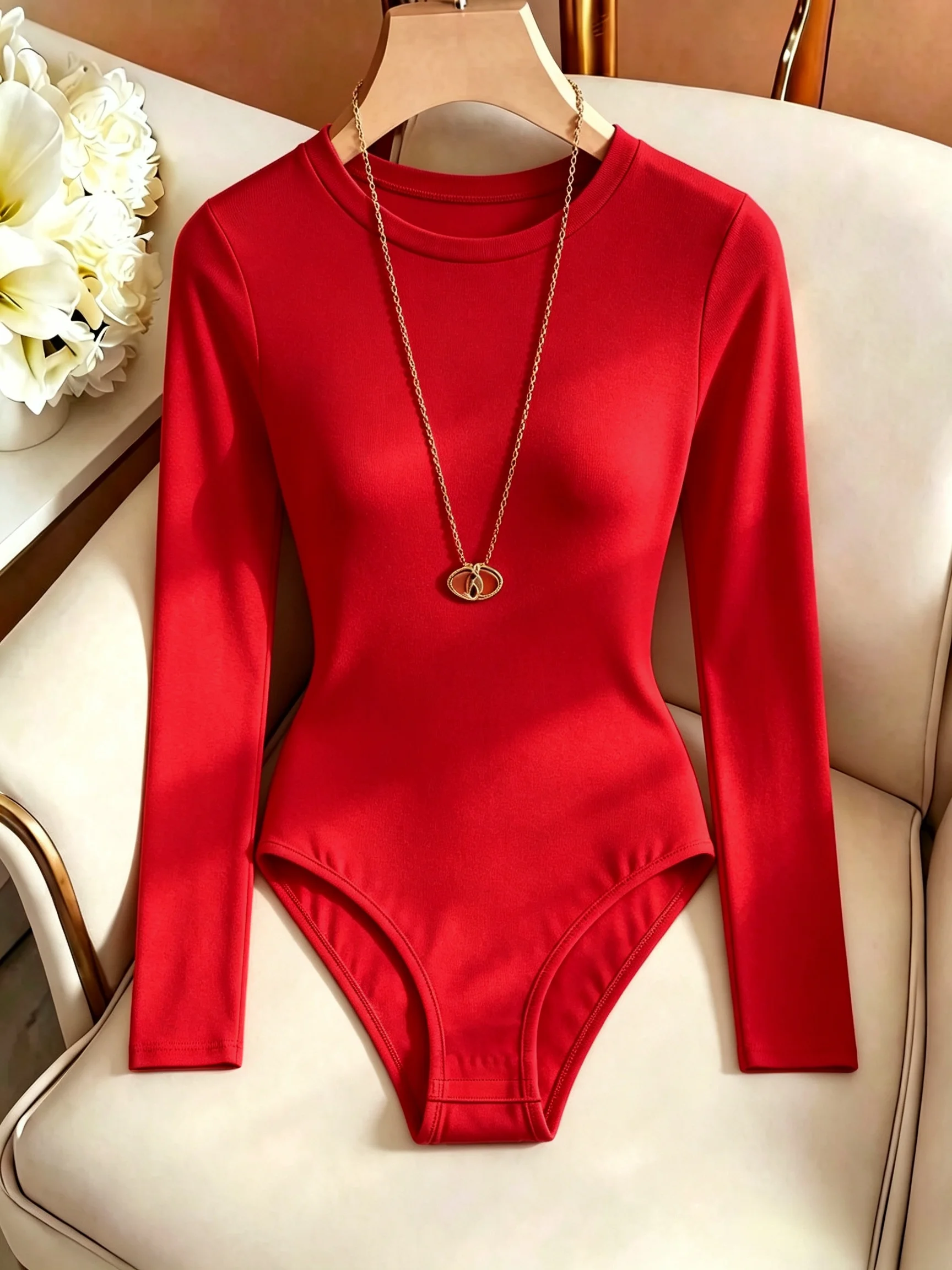 Damen-Body mit Rundhalsausschnitt und langen Ärmeln, hoch geschnitten, schmal geschnitten, figurbetont, Y2K, sexy, lässig, Basic, einteiliges Oberteil – Detail 17