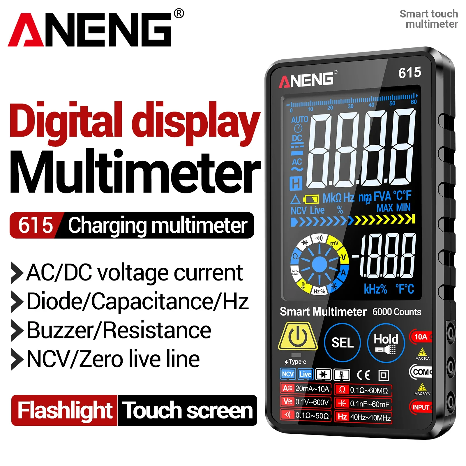ANENG 615 touch screen multimeter 6000 count AC/DC current voltage resistance capacitance frequency temperature detection tool