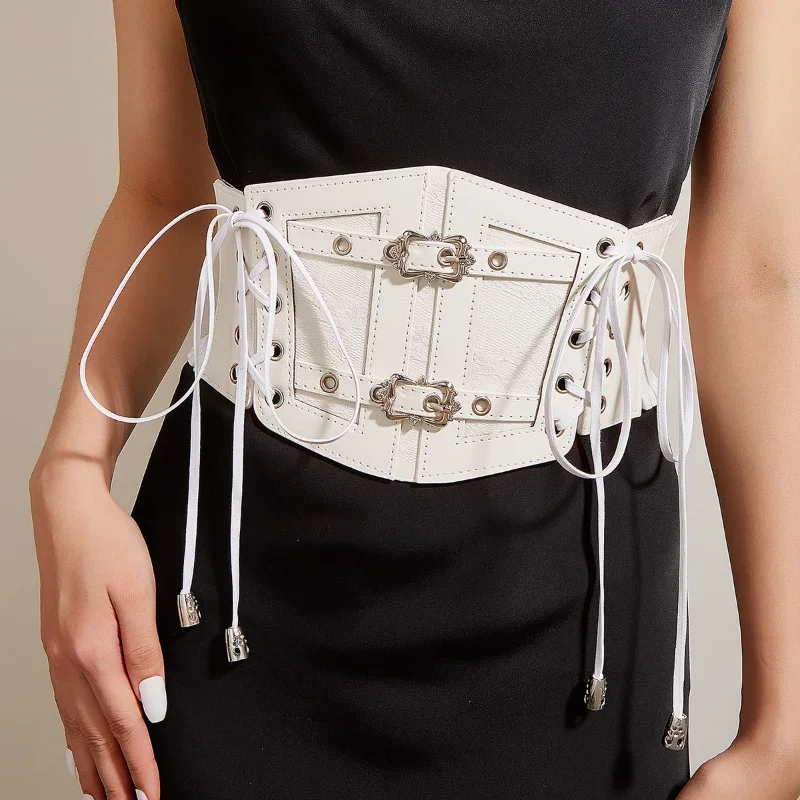 Women White Black Corset Waist Belt Fashion Punk Lace-up Corset Belts PU Leather Elastic Wide Belt Slimming Body Belts for Women