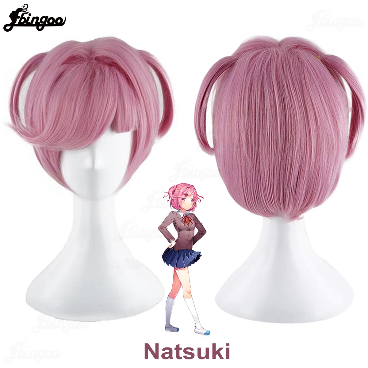 Ebingoo DDLC Doki Doki Literature Club Sayori Cosplay Wigs Pink Short Wig Heat Resistant Synthetic Hair Wigs for Hollywood Party