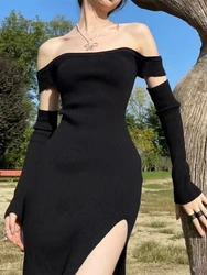 Spring Autumn Fashion Women Sexy Split Off Shoulder Knitted Black Dress Female Club Party Y2K Bodycon Harajuku Clothing