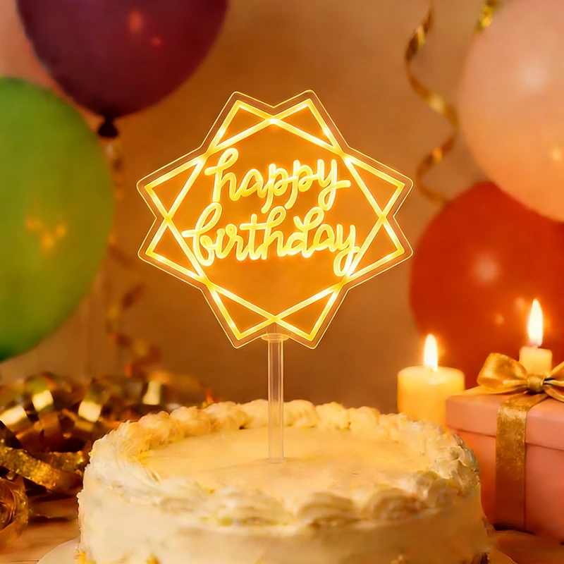 LED light up Cake Topper Happy Birthday Cake Topper Acrylic luminous Cake Decorating Tools Valentine's Day Wedding Party Decor