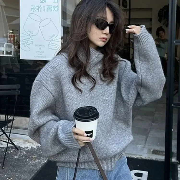 Korejepo Korean Loose Niche Lapel Collar Pullover Lazy Wind Sweater Women 2024 Goddess Autumn Winter New Gray Knitted Top