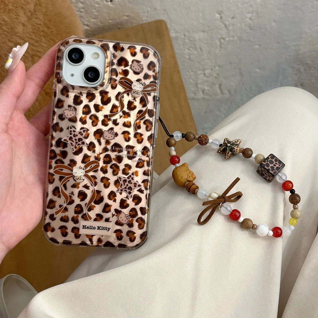 

Korean Golden Leopard Heart Cartoon Hello Kitty Phone chain Case For iPhone 16 15 14 13 12 Pro Max XR XS Y2k Cover﻿