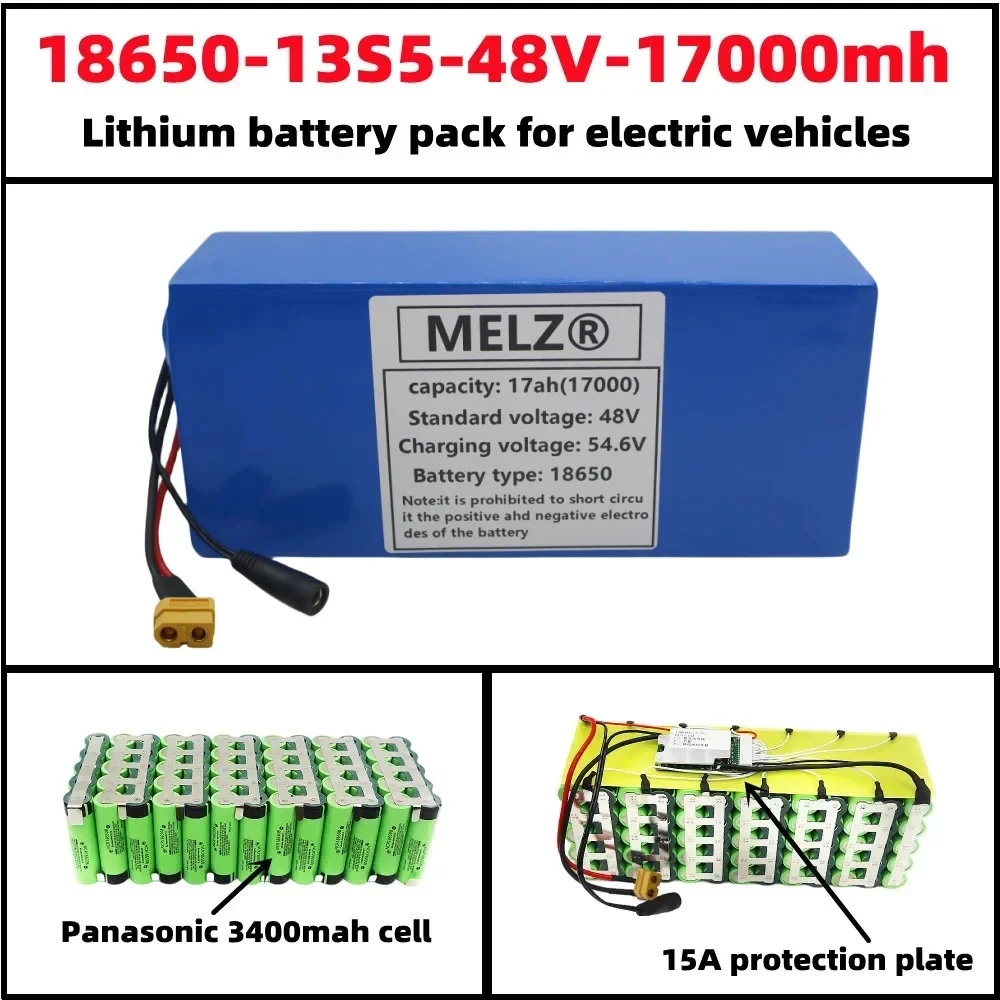 MELZ new 18650 13S5P 48V 17Ah 18650 3400mah 13S5P lithium-ion battery pack with built-in 30A BMS+54.6V2A charger