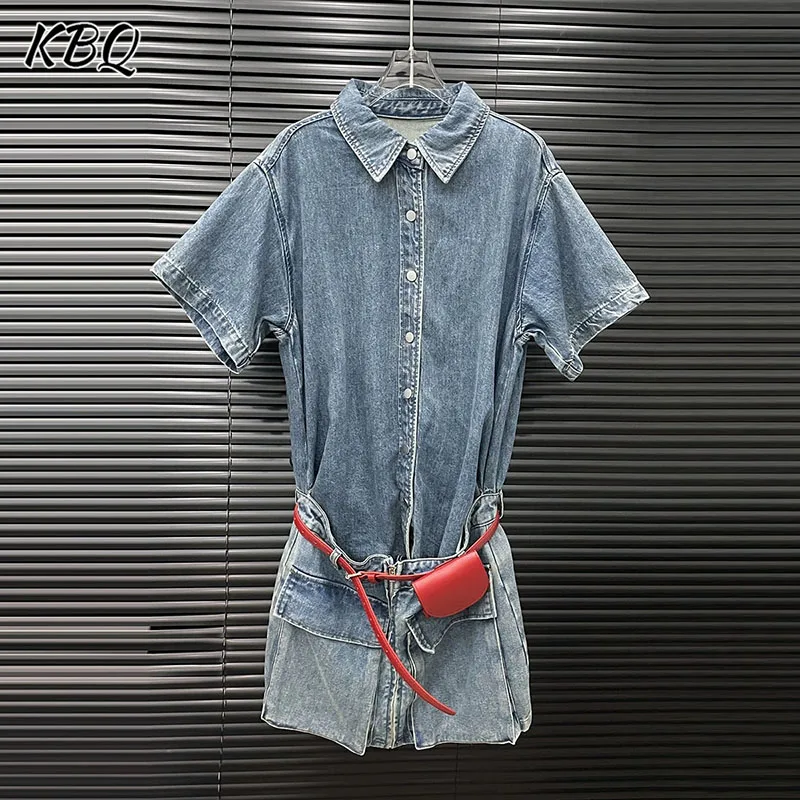 

KBQ Solid Designer Slimming Spliced Button Denim Dresses For Women Lapel Short Sleeve High Waist Elegamt Dress Female Fashion