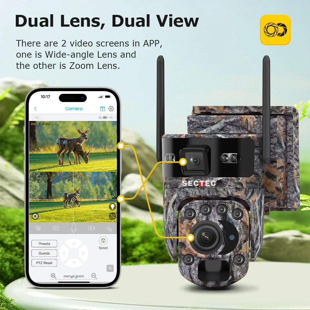 SECTEC 12MP 4G LTE Hunting Forest Camera Solar 60X Zoom Dual Lens Hunting 2.4Ghz Wireless WiFi Camera PTZ 360° PIR Alarm IP66