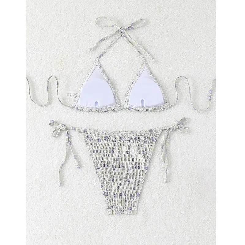 Seksowne wiązane bikini z fioletowym kwiatowym nadrukiem, marszczone komplety dwuczęściowe, stringi, strój kąpielowy, biquini, conjunto de bikini, tankini, odzież plażowa.
