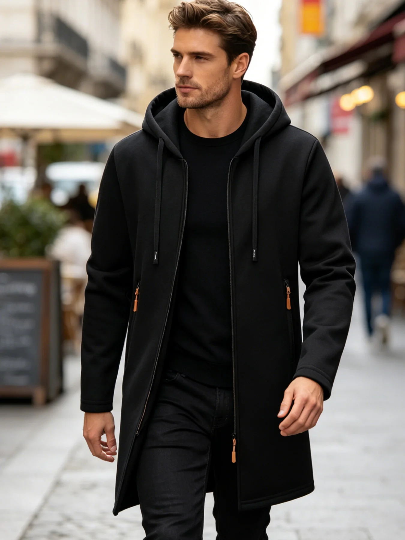 Men Mid‑Length Hooded Full Zip Sweatshirt Heather Knit Hooded outerwearFleece Lined Coat With Drawstring Zipper Pockets