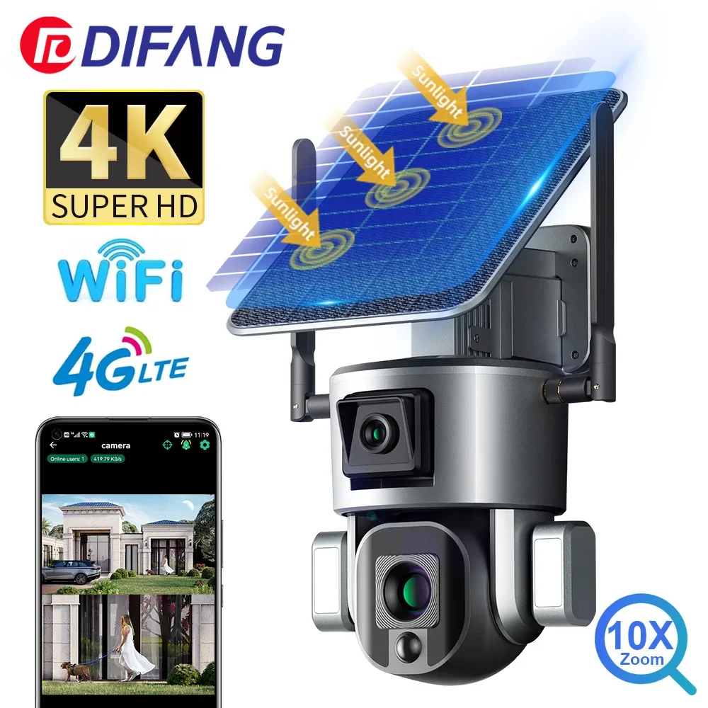 Outdoor 10X Optical Zoom 4G Solar Camera PTZ 4K Dual Lens Waterproof Body Detection 8MP Wireless WIFI Video Surveillance IP CCTV