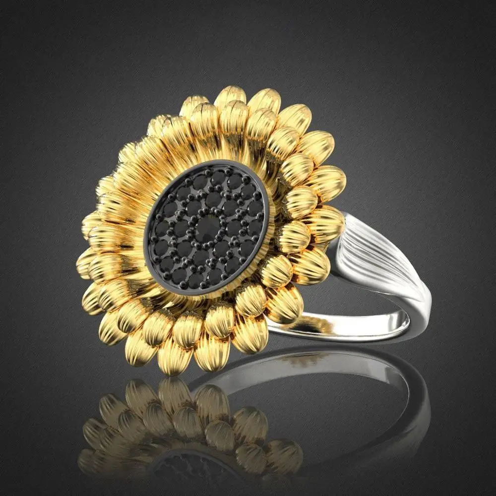 

New Design Silver Color Big Sunflower Black Stone Ring For Women Bridal Party Banquet Engagement Jewelry Accessories Gift