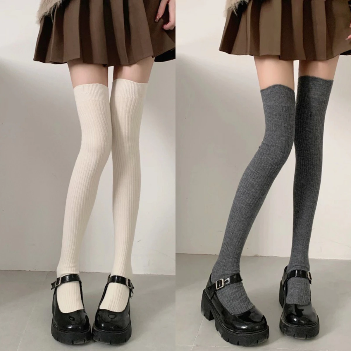 Damen JK Lolita lange Strümpfe für Herbst und Winter, vertikale Streifen, Baumwolle, über dem Knie, Oberschenkelhohe Socken für Mädchen