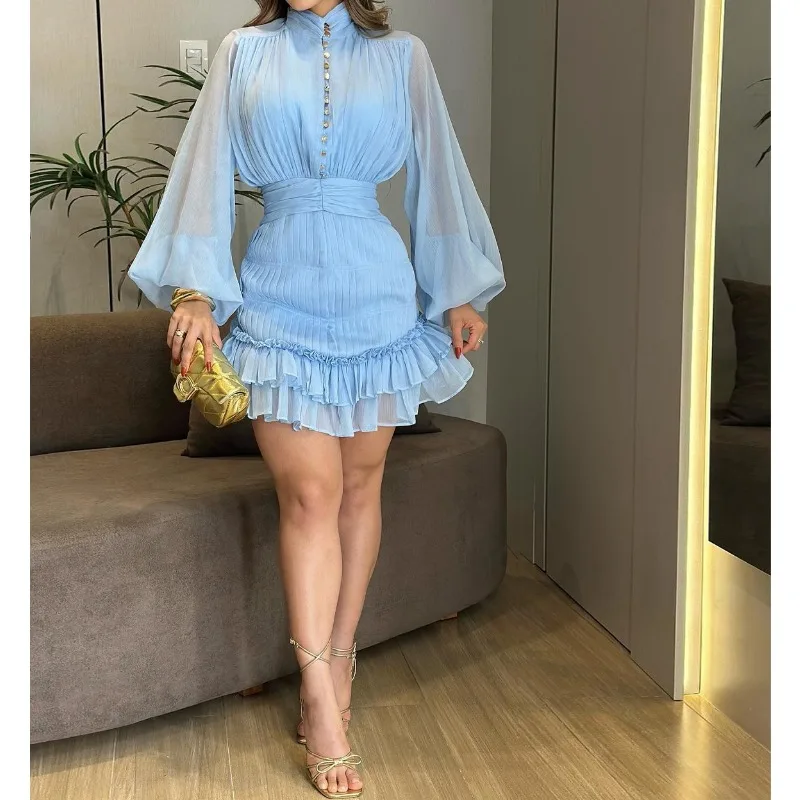 الملابس النسائية 2025 خريف جديد الوقوف طوق فانوس كم كشكش حافة الخصر فستان أنيق يؤرخ فستان #3