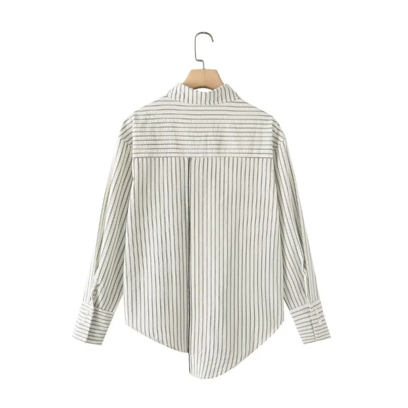 TRAF ZR Blouses for Lady Asymmetrical Striped Shirts Autumn Women\'s Shirt Long Sleeve Shirt Harajuku Fashion Vintage Blouse