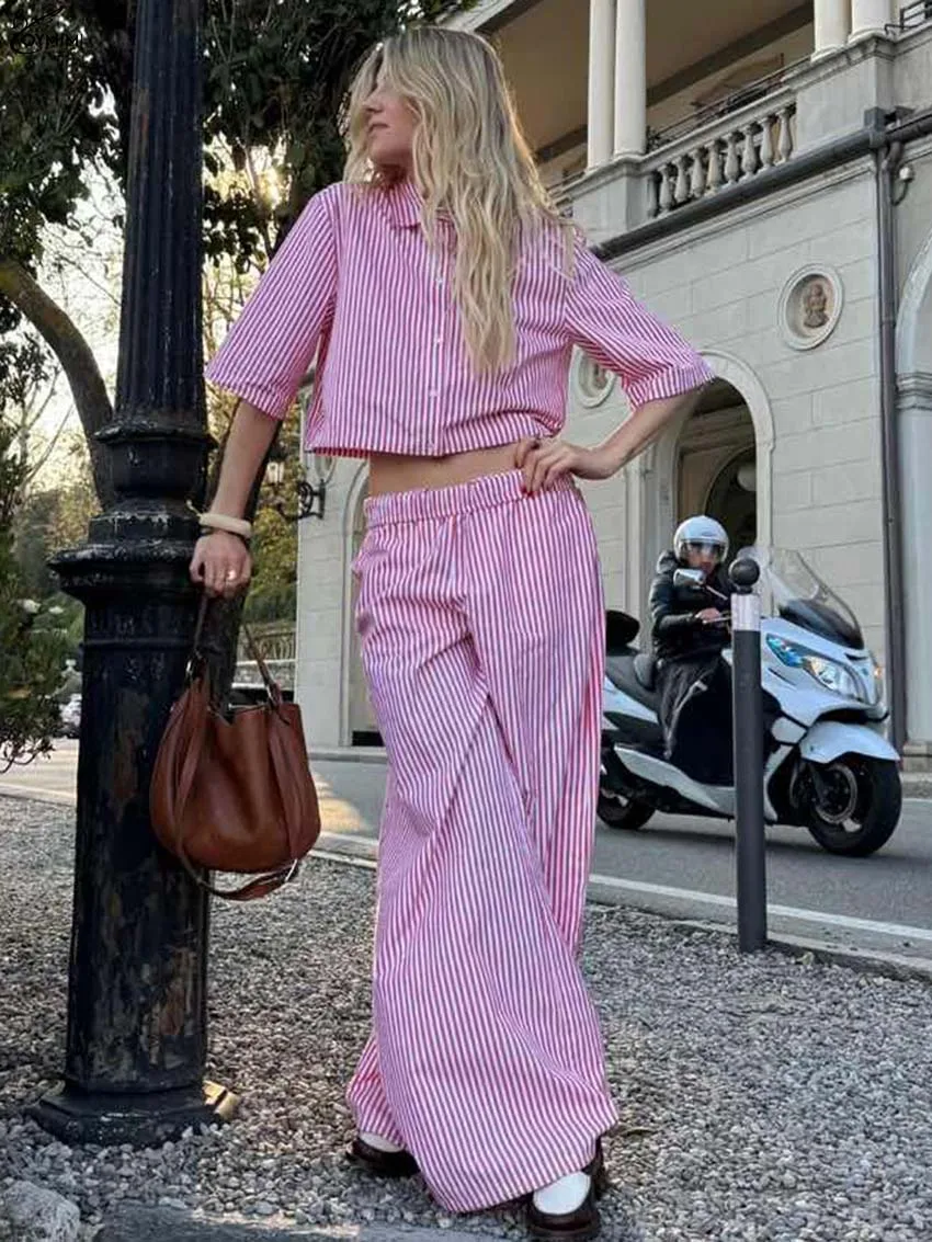 

Oymimi Fashion Pink Print Woman Two Piece Set Casual Half Sleeve Button Crop Shirts And Pockets Wide Leg Pants Female Sets