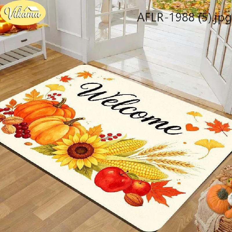 VIKAMA Red Plaid Fall Harvest Corn Door Mat Floor Mat Front Door Non Slip Washable Welcome For Home Decor
