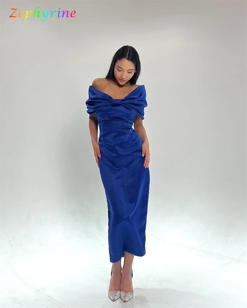 Customized Mermaid Exquisite Blue Satin Evening Dress Classic Off the Shoulder Sleeveless Homecoming Dresses Vestido De Festa