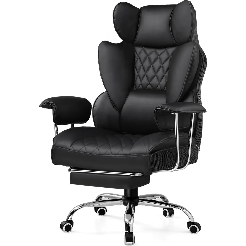 Ergonomic Office Chair with Pocket Spring Lumbar Support Wide Seat Soft Armrests and Footrest PU Leather Black