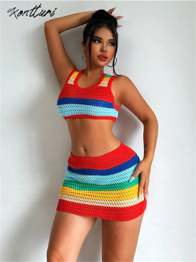 Kontturi Colour Striped Knitted Two 2 Piece Set Women Outfit 2023 Sleeveless Crop Tank Tops Bodycon Mini Skirts Matching Sets